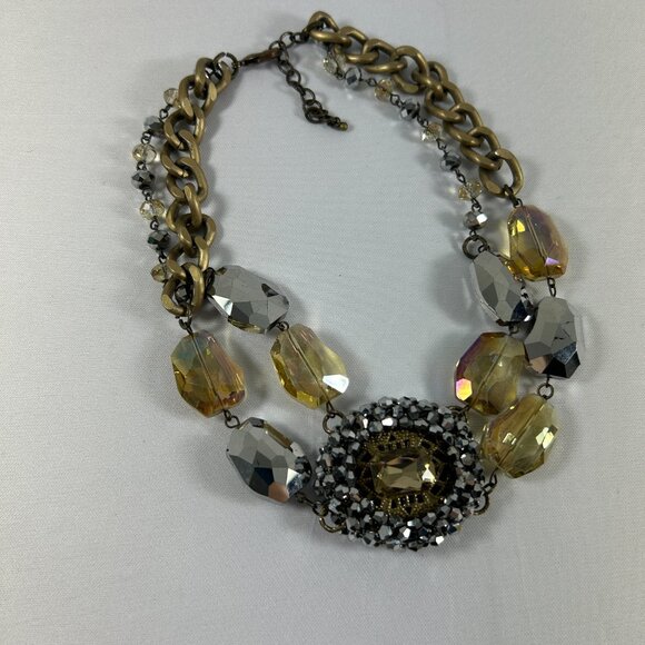 Chunky Beaded Multi Stone Retro Look Two Tier Necklace 14-16" Gold Tone Chain - Picture 2 of 10